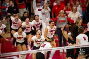 Nebraska Cornhuskers win over Wisconsin Badgers in 5 sets during a college volleyball match on Saturday, October 21, 2023, in Lincoln, Nebraska. Photo by John S. Peterson.