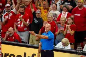 The referee changed the decision on a challenge by Nebrask to give them match point for the win over the Wisconsin Badgers in 5 sets during a college volleyball match on Saturday, October 21, 2023, in Lincoln, Nebraska. Photo by John S. Peterson.