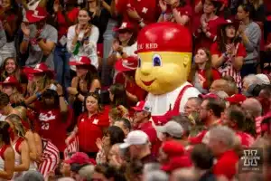 Lil'Red hanging out with fans at the Nebrtaska vs. Wisconsin college volleyball match on Saturday, October 21, 2023, in Lincoln, Nebraska. Photo by John S. Peterson.