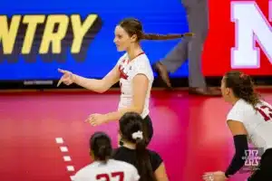 Nebraska Cornhusker Bergen Reilly (2) celebrates a block agains the Wisconsin Badgers in the fourth set during a college volleyball match on Saturday, October 21, 2023, in Lincoln, Nebraska. Photo by John S. Peterson.