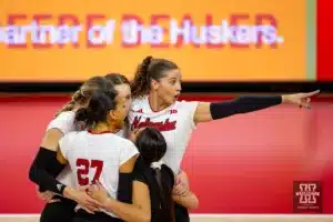 Nebraska Cornhusker Merritt Beason (13) reacts to a serve for a team mate in the fourth set against the Wisconsin Badgers during a college volleyball match on Saturday, October 21, 2023, in Lincoln, Nebraska. Photo by John S. Peterson.