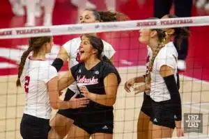 Nebraska Cornhusker celebrates a point against the Wisconsin Badgers in the first set during a college volleyball match on Saturday, October 21, 2023, in Lincoln, Nebraska. Photo by John S. Peterson.