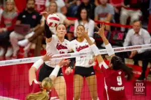 Nebraska Cornhusker Andi Jackson (15) spikes the ball against the Wisconsin Badgers in the first set during a college volleyball match on Saturday, October 21, 2023, in Lincoln, Nebraska. Photo by John S. Peterson.