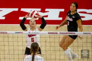 Nebraska Cornhusker Laney Choboy (6) sets the ball against the Wisconsin Badgers in the second set during a college volleyball match on Saturday, October 21, 2023, in Lincoln, Nebraska. Photo by John S. Peterson.