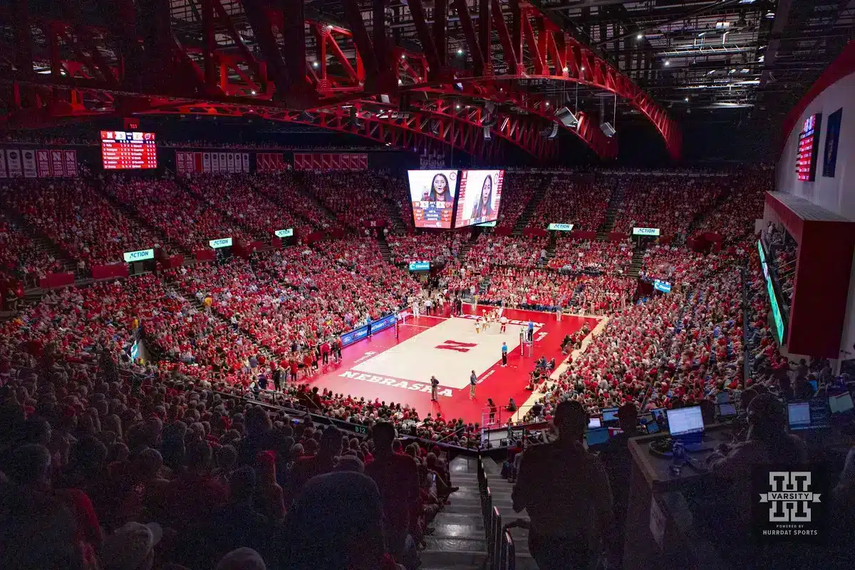 JP231021_VB_NU_v_WI_3141.jpg Nebraska Cornhusker had a record attendance of 9,198 against the Wisconsin Badgers during a college volleyball match on Saturday, October 21, 2023, in Lincoln, Nebraska. Photo by John S. Peterson.