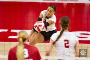 Nebraska Cornhusker Harper Murray (27) digs the ball agianst the Wisconsin Badgers in the second set during a college volleyball match on Saturday, October 21, 2023, in Lincoln, Nebraska. Photo by John S. Peterson.