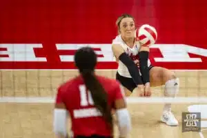Nebraska Cornhusker Laney Choboy (6) digs the ball against the Wisconsin Badgers in the first set during a college volleyball match on Saturday, October 21, 2023, in Lincoln, Nebraska. Photo by John S. Peterson.