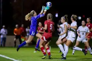 Purdue Boilermakers Charlotte Cyr (1) makes a stop against the Nebraska Cornhuskers in the second half during a college soccer game on Thursday, October 19, 2023, in Lincoln, Nebraska. Photo by John S. Peterson.