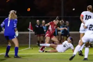 Nebraska Cornhuskers Florence Belzile (10) fights for the ball against Purdue Boilermakers Nicole Kevdzija (12) in the second half during a college soccer game on Thursday, October 19, 2023, in Lincoln, Nebraska. Photo by John S. Peterson.