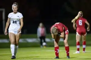 Nebraska Cornhuskers Eleanor Dale (9) reacts to missing the goal against the Purdue Boilermakers in the second half during a college soccer game on Thursday, October 19, 2023, in Lincoln, Nebraska. Photo by John S. Peterson.