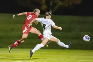 Nebraska Cornhuskers Eleanor Dale (9) scores against Purdue Boilermakers Sabrina Blount (8) in the first half during a college soccer game on Thursday, October 19, 2023, in Lincoln, Nebraska. Photo by John S. Peterson.