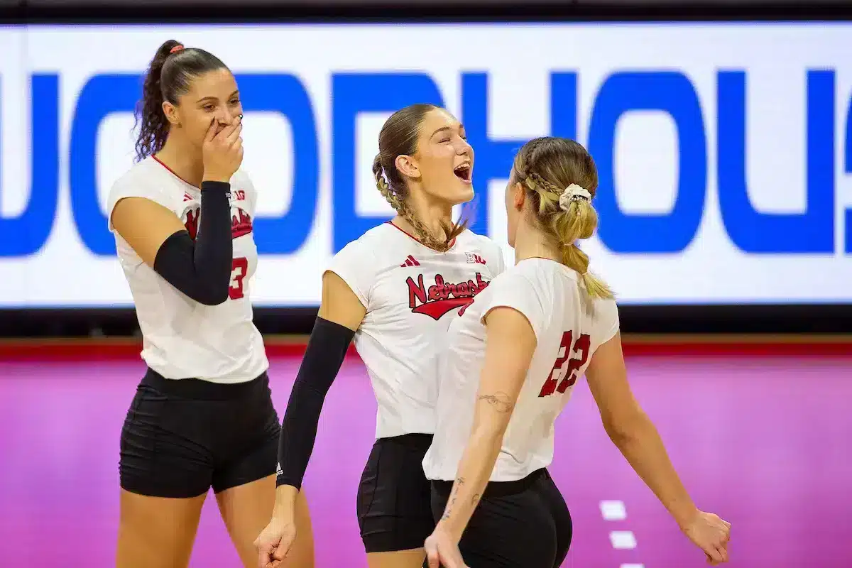 JP231014_VB_NU_v_PS_0257.jpg Nebraska Cornhuskers Andi Jackson (15) and Lindsay Krause (22) celebrate a killa against the Penn State Nittany Lions in the second set during a college volleyball match on Saturday, October 14, 2023, in Lincoln, Nebraska. Photo by John S. Peterson.