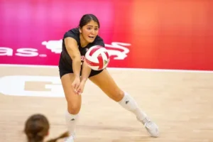 Nebraska Cornhusker Lexi Rodriguez (8) digs the ball against the Penn State Nittany Lions in the third set during a college volleyball match on Saturday, October 14, 2023, in Lincoln, Nebraska. Photo by John S. Peterson.