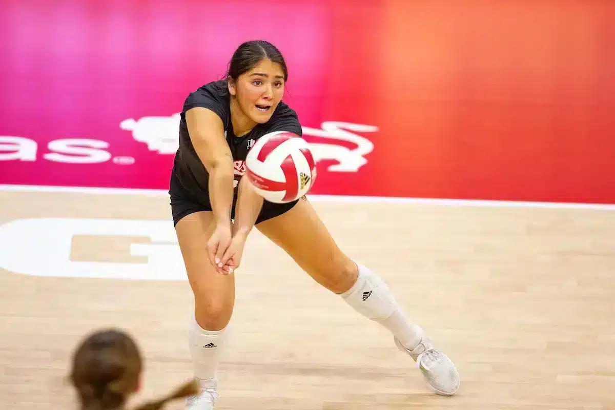 Nebraska Cornhusker Lexi Rodriguez (8) digs the ball against the Penn State Nittany Lions in the third set during a college volleyball match on Saturday, October 14, 2023, in Lincoln, Nebraska. Photo by John S. Peterson.