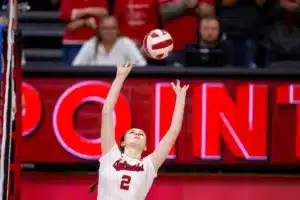 Nebraska Cornhusker Bergen Reilly (2) sets the ball against the Penn State Nittany Lions in the second set during a college volleyball match on Saturday, October 14, 2023, in Lincoln, Nebraska. Photo by John S. Peterson.