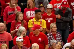 Nebraska Cornhusker fan sporting a corn shirt at the volleyball match against the Penn State Nittany Lions on Saturday, October 14, 2023, in Lincoln, Nebraska. Photo by John S. Peterson.