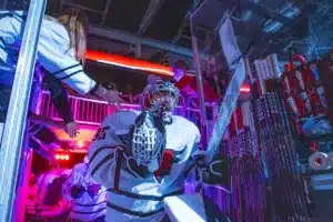 Omaha Mavericks goaltender Simon Latkoczy (30) leads the team on the ice against the Niagara Purple Eagles during a college hockey match on Friday, October 13, 2023, in Omaha, Nebraska. Photo by John S. Peterson.
