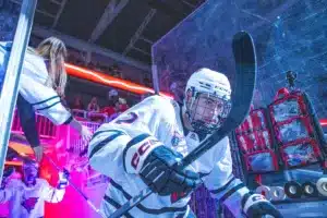 Omaha Mavericks defenseman Joaquim Lemay (2) runs out on to the ice against the Niagara Purple Eagles during a college hockey match on Friday, October 13, 2023, in Omaha, Nebraska. Photo by John S. Peterson.