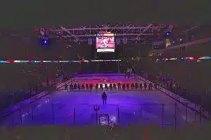 The National Anthem played before Omaha Mavericks take on the Niagara Purple Eagles during a college hockey match on Friday, October 13, 2023, in Omaha, Nebraska. Photo by John S. Peterson.
