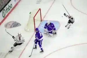 Omaha Mavericks forward Zach Urdahl (6) celebrates his goal in the first period against the Niagara Purple Eagles during a college hockey match on Friday, October 13, 2023, in Omaha, Nebraska. Photo by John S. Peterson.
