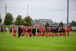 Nebraska Cornhuskers thanks the fans after the soccer match Thursday, October 12, 2023, in Lincoln, Neb. Photo by John S. Peterson.