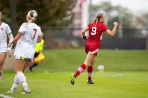 Nebraska Cornhuskers Eleanor Dale (9) give a fist pump celebrating her goal in the second half against the Maryland Terrapins during a college soccer match Thursday, September 12, 2023, in Lincoln, Neb. Photo by John S. Peterson.