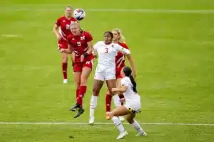 Nebraska Cornhuskers Eleanor Dale (9) heads the ball against the Maryland Terrapins in the second half during a college soccer match Thursday, October 12, 2023, in Lincoln, Neb. Photo by John S. Peterson.