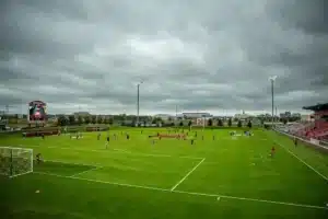 Nebraska Cornhuskers and Maryland Terrapins warm-up before a college soccer match Thursday, October 12, 2023, in Lincoln, Neb. Photo by John S. Peterson.