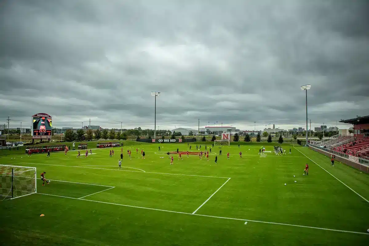 Nebraska Cornhuskers and Maryland Terrapins warm-up before a college soccer match Thursday, October 12, 2023, in Lincoln, Neb. Photo by John S. Peterson.