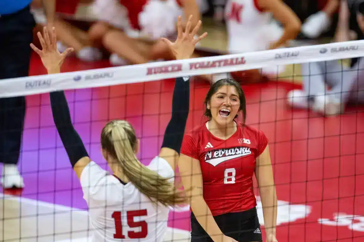 Nebraska Cornhusker Lexi Rodriguez (8) celebrates a point against the Ohio St. Buckeyes in the second set during a college volleyball match in Lincoln, Nebraska, Friday, September 23, 2023. Photo by John Peterson.