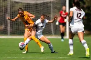 University of Nebraska Omaha Grace Bartlam (14) during a game between against Wyoming Sunday in Omaha, Nebraska August 27, 2023.  Photo by Eric Francis
