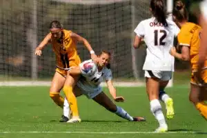 University of Nebraska Omaha Grace Bartlam (14) during a game between against Wyoming Sunday in Omaha, Nebraska August 27, 2023.  Photo by Eric Francis