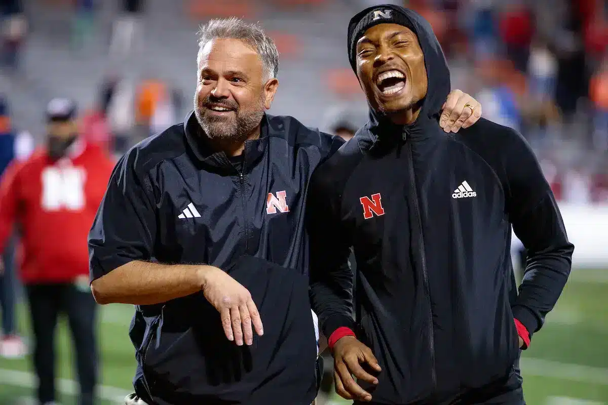 Nebraska Cornhuskers head coach Matt Rhule shares a moment with Nebraska Cornhuskers Marcus Washington (13) walking off the filed during a college football game in Lincoln, Nebraska, Friday, October 6, 2023. Photo by John Peterson.