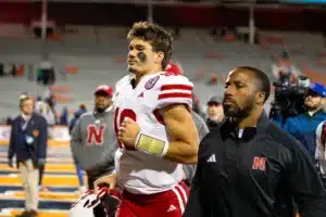 Nebraska Cornhuskers Heinrich Haarberg (10) runs off the filed after the win against the Fighting Illini during a college football game in Lincoln, Nebraska, Friday, October 6, 2023. Photo by John Peterson.