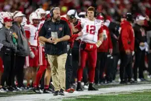 Nebraska Cornhuskers head coach Matt Rhule watches the action on the action on the field against the Fighting Illini during a college football game in Lincoln, Nebraska, Friday, October 6, 2023. Photo by John Peterson.
