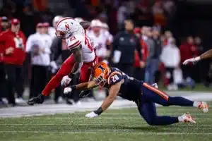 Nebraska Cornhuskers Anthony Grant (23) tackled by Fighting Illini linebacker Dylan Rosiek (28) during a college football game in Lincoln, Nebraska, Friday, October 6, 2023. Photo by John Peterson.