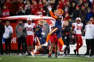 Fighting Illini outside linebacker Jared Badie (15) makes an intercept r during a college football game in Lincoln, Nebraska, Friday, October 6, 2023. Photo by John Peterson.