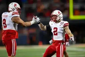 Nebraska Cornhuskers Isaac Gifford (2) gets five to a tackle from Ty Robinson against the Fighting Illini during a college football game in Lincoln, Nebraska, Friday, October 6, 2023. Photo by John Peterson.