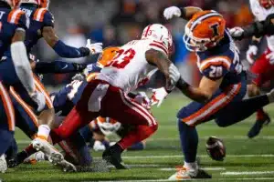Nebraska Cornhuskers Anthony Grant (23) fumbles the ball against the Fighting Illini during a college football game in Lincoln, Nebraska, Friday, October 6, 2023. Photo by John Peterson.