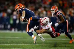 Nebraska Cornhuskers John Bullock (5) tackles Illinois Fighting Illini Caleb Griffin (5) during a college football game in Lincoln, Nebraska, Friday, October 6, 2023. Photo by John Peterson.