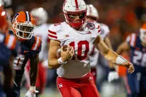 Nebraska Cornhuskers Heinrich Haarberg (10) runs in for a touch down against the Illinois Fighting Illini during a college football game in Lincoln, Nebraska, Friday, October 6, 2023. Photo by John Peterson.