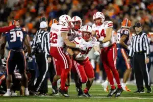Nebraska Cornhuskers Grant Tagge (56) comes up with the ball after the Huskers kicked off to the Illinois Fighting Illini during a college football game in Lincoln, Nebraska, Friday, October 6, 2023. Photo by John Peterson.