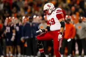 Nebraska Cornhuskers Turner Corcoran (69) celebrates a Husker touchdown against Illinois Fighting Illini during a college football game in Lincoln, Nebraska, Friday, October 6, 2023. Photo by John Peterson.
