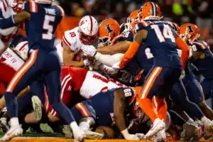 Nebraska Cornhuskers Heinrich Haarberg (10) tries to get a yard at the goaline against Illinois Fighting Illini during a college football game in Lincoln, Nebraska, Friday, October 6, 2023. Photo by John Peterson.