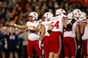 Nebraska Cornhuskers Heinrich Haarberg (10) looks to the sideline against Illinois Fighting Illini during a college football game in Lincoln, Nebraska, Friday, October 6, 2023. Photo by John Peterson.