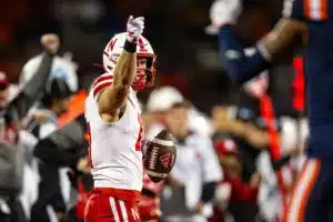 DUPLICATE***Nebraska Cornhuskers Ty Hahn (17)***Nebraska Cornhuskers Jack Woche (17) signals first down after makeing a catch against Illinois Fighting Illini during a college football game in Lincoln, Nebraska, Friday, October 6, 2023. Photo by John Peterson.