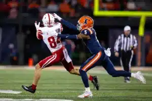 Nebraska Cornhuskers Alex Bullock (84) catches the ball against Illinois Fighting Illini defensive back Zachary Tobe (5) during a college football game in Lincoln, Nebraska, Friday, October 6, 2023. Photo by John Peterson.