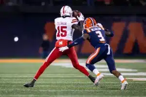 DUPLICATE***Nebraska Cornhuskers Tamon Lynum (15)***Nebraska Cornhuskers Malachi Coleman (15) makes a catch against Illinois Fighting Illini defensive back Tahveon Nicholson (3) during a college football game in Lincoln, Nebraska, Friday, October 6, 2023. Photo by John Peterson.