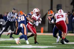 Nebraska Cornhuskers Joshua Fleeks (11) runs with the ball against the Illinois Fighting Illini during a college football game in Lincoln, Nebraska, Friday, October 6, 2023. Photo by John Peterson.