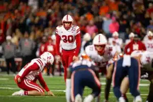 Nebraska Cornhuskers Tristan Alvano (30) lines up a field goal against the Illinois Fighting Illini during a college football game in Lincoln, Nebraska, Friday, October 6, 2023. Photo by John Peterson.